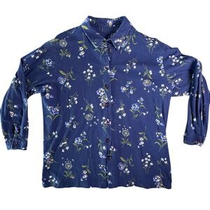 Capacity Woman Navy Blue Floral Button Down Shirt 100% Cotton Plus Size 1X